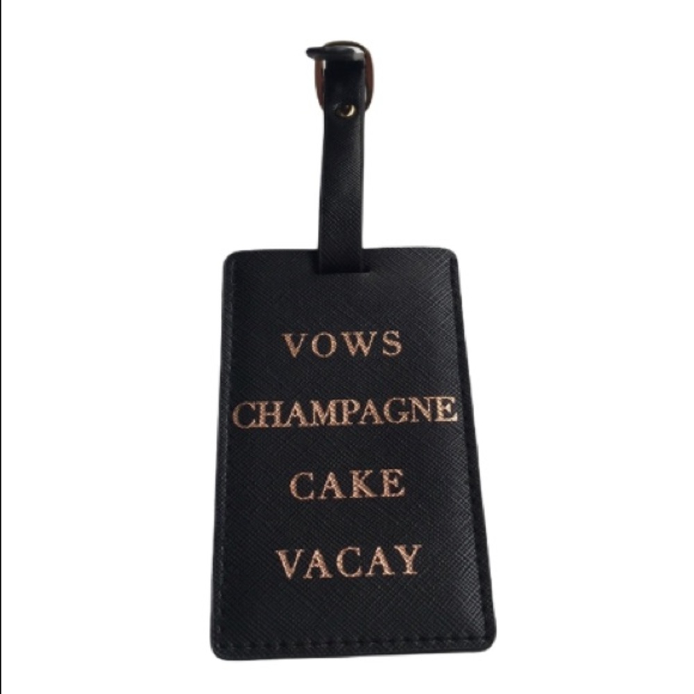 Saks 5th Avenue Vows Champagne Cake Vacay slogan luggage tag Wedding NWOT